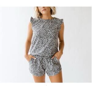 Albion Fit Cheetah Romper Ruffle Sleeve Nylon Lined Womens S Pockets New